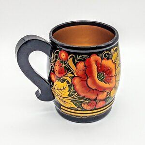 Russian Khokhloma Hand-Painted Berries Floral Wood Mug